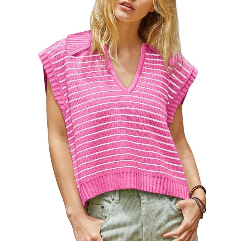 Women's Summer New V-neck Knit Casual Stripe Lapel Sweater Top
