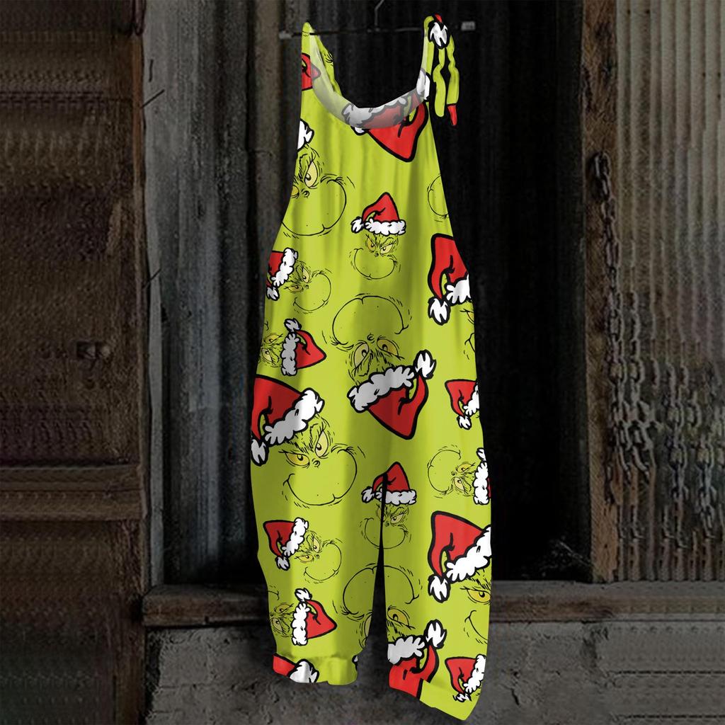 Damski kombinezon z nadrukiem Halloweenowym, casualowy, luźny, vintage, na ramiączkach, bawełniano-lniany