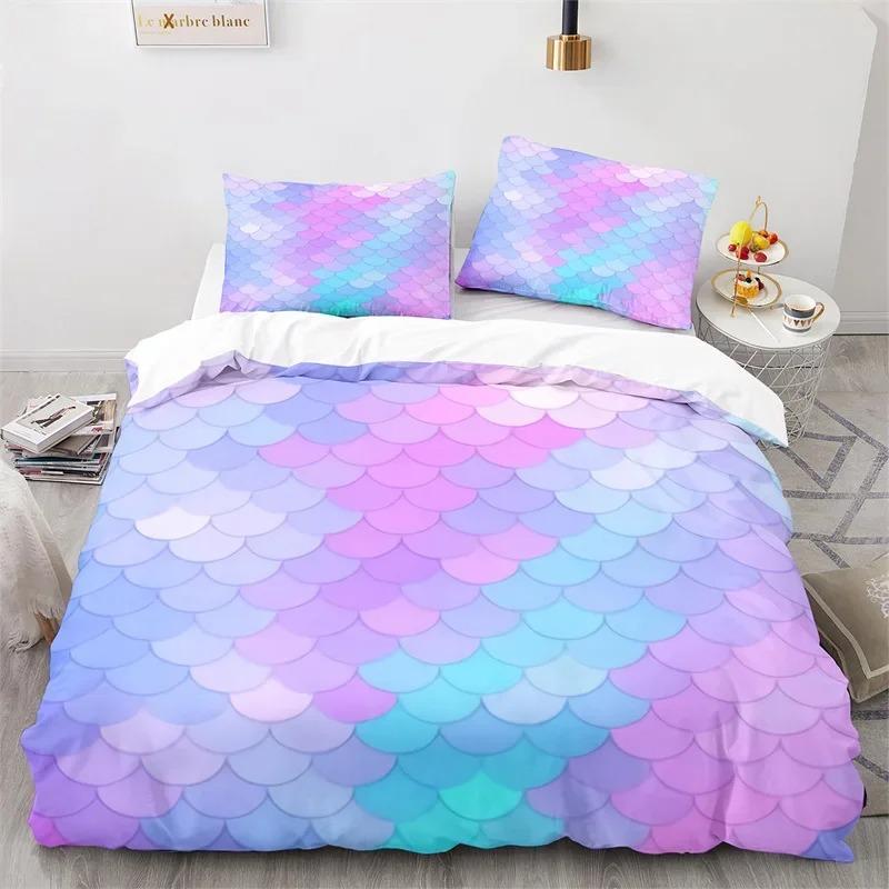 Buntes Fischschuppen Bettwäsche Set Twin King Für Kinder Mädchen Blau Rosa Meerjungfrau Hautoberfläche Druck Bettbezug Polyester Steppdecke