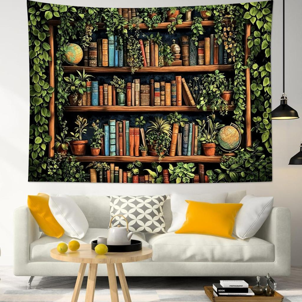 1pc Retro Library Tapestry Multiple Sizes 2D Print Vintage Book Green Plant Design Polyester Fiber Classroom Dorm Decor Scholar
