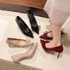 Beautiful 2025 new nude high heels women's stiletto bar mitzvah pointed bow French patent leather shoes