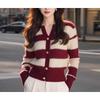 Burgundy striped knitted cardigan sweater women's autumn and winter new coat soft waxy knitted top