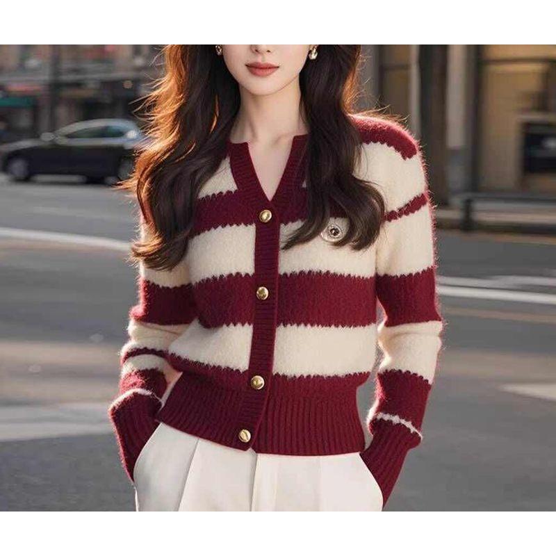 Burgundy striped knitted cardigan sweater women's autumn and winter new coat soft waxy knitted top