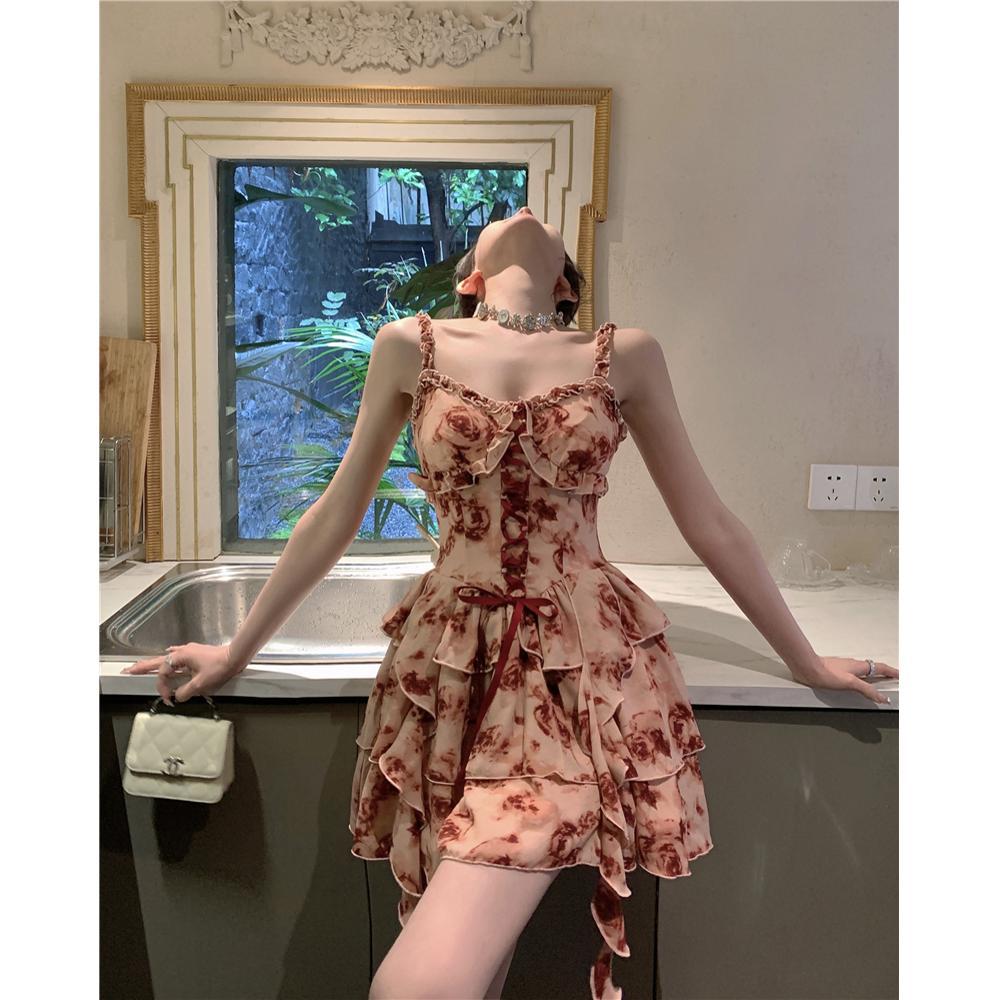 Сладкое и пикантное цветочное платье-сарафан для женского лета, маленькое платье с талией и тонкой пышной юбкой-тортом S- (can be worn within 45kg) красный