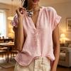 Women Shirt V Neck Ruffled Stitching Short Sleeve Tops