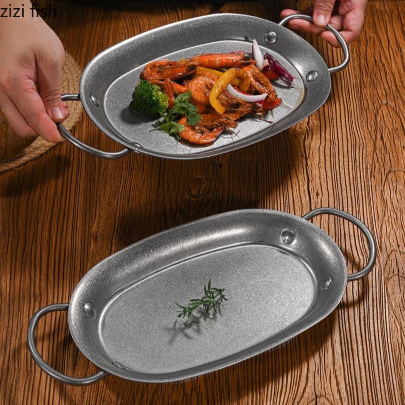 Vintage Stainless Steel Dining Plate Silver Steak Plate Double Ear Fish Dish Fruit Plates Salad Bowl Serving Plates Snack Tray