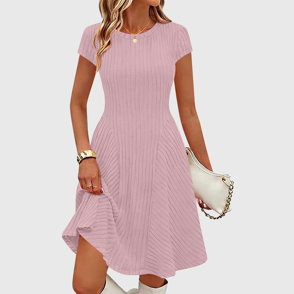 Women's Ribbed Knit Short Sleeve Round Neck Midi Dress Casual Swing Fit a Line Sundress