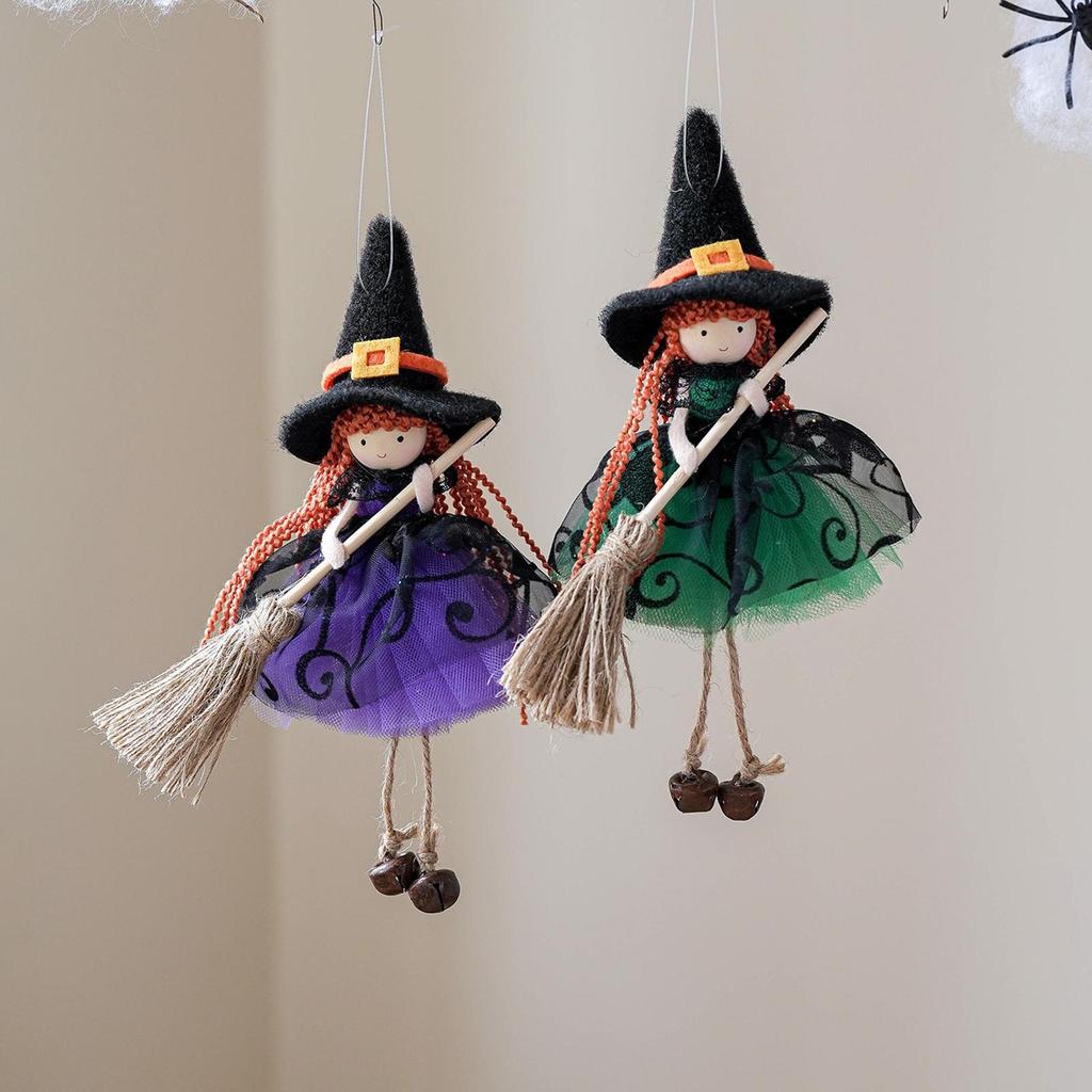 Witch Doll Halloween Witch Doll Hangable Decoration with Broom Collectible Figurine Ornament Hangable for Kitchen Haunted House