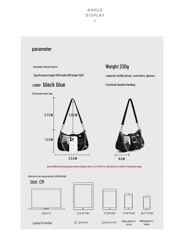 Hot Girl Denim Motorcycle-Style Shoulder Bag: Small, Versatile, Large Capacity Handbag for Women