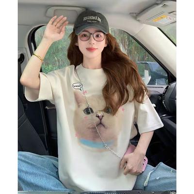 Loose, Comfortable, Versatile, Cute Cat Print Round Neck Short Sleeved T-shirt