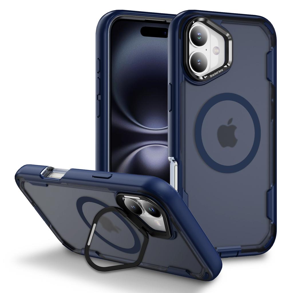 For iPhone 16 Case Compatible with MagSafe Lens Frame Kickstand TPU + PC Shockproof Phone Cover