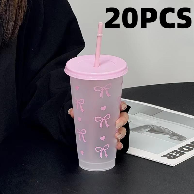 20Pcs Bowknot Plastic Cup with Straw Lid for Ice Coffee Juice Tea Plastic Cup Portable Drinking Bottle Valentine's Day Gift