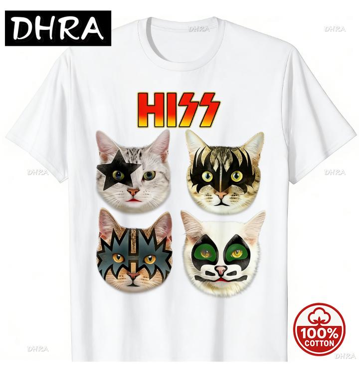 Hiss Kiss Band Cat Print Tshirt Casual 100 Cotton Tee Soft Tops For Rock Music Fans Cat Lovers Humorous Pet Lover Loose Tshirt