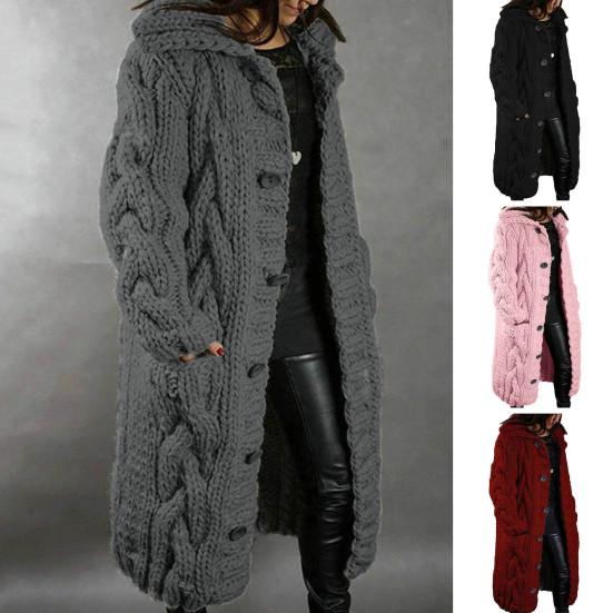 Herbst Winter Frauen Pullover Mantel Einreiher Mittellange Gestrickte Verdickte Einfarbig Lange Hülse Drehen-unten Kragen Casual Dame Strickjacke Pullover
