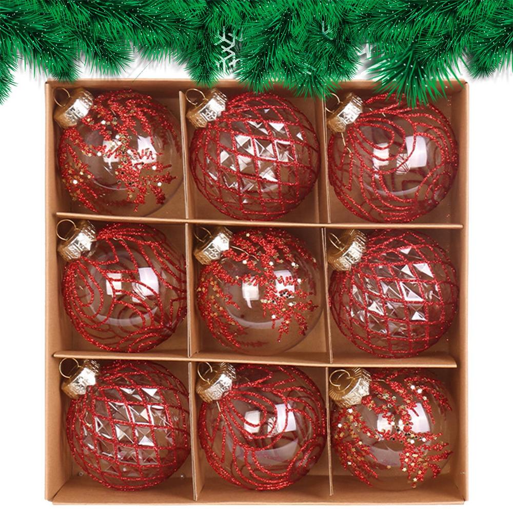 

Christmas Balls Shatterproof 9 Pieces Christmas Tree Decorations 3.15in Transparent Painted Globe PET Decorations For Party червоний