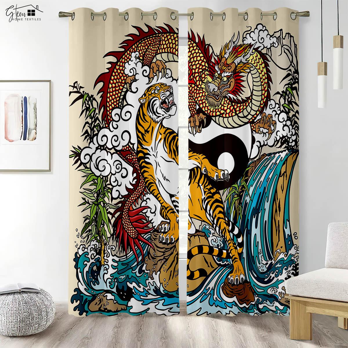 Tier 3D gedruckte Vorhänge Tiger Löwe Krokodil Giraffe Elefant Affe Pinguin Fuchs Kaninchen Igel Drache Cartoon Anime Vorhang W50xH130(CM)x2PCS&Rod pocket