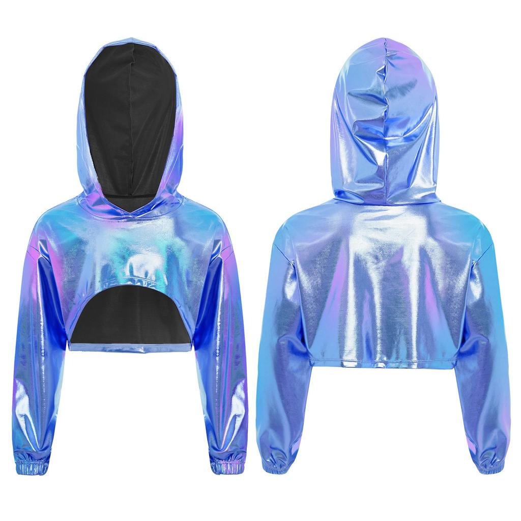 Παιδικό Φούτερ με Κουκούλα Χορευτικό Στυλ Δρόμου για Κορίτσια: Γυαλιστερό Μεταλλικό Κοντό Τοπ με Ασύμμετρο Τελείωμα & Μακριά Μανίκια για Αγώνα