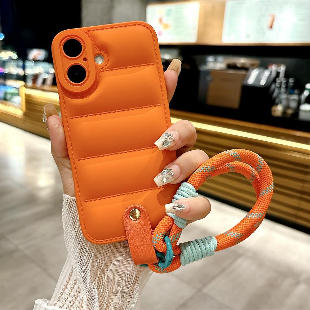 Down Jacket Hand Wrist Strap Case for For Iphone 16 1 14 13 Pro Max 12 11 X Xr Xs 7 8 Plus SE Lanyard Solid Color Soft Cover