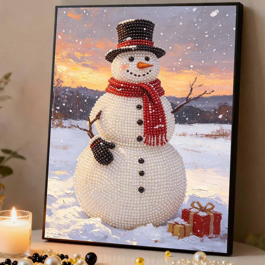DIY Framed Pearl Painting Kit Cute Snowman Gift Winter Holiday Sparkling Bead Canvas Art for Home Bedroom Living Room Wall Decor Craft Set