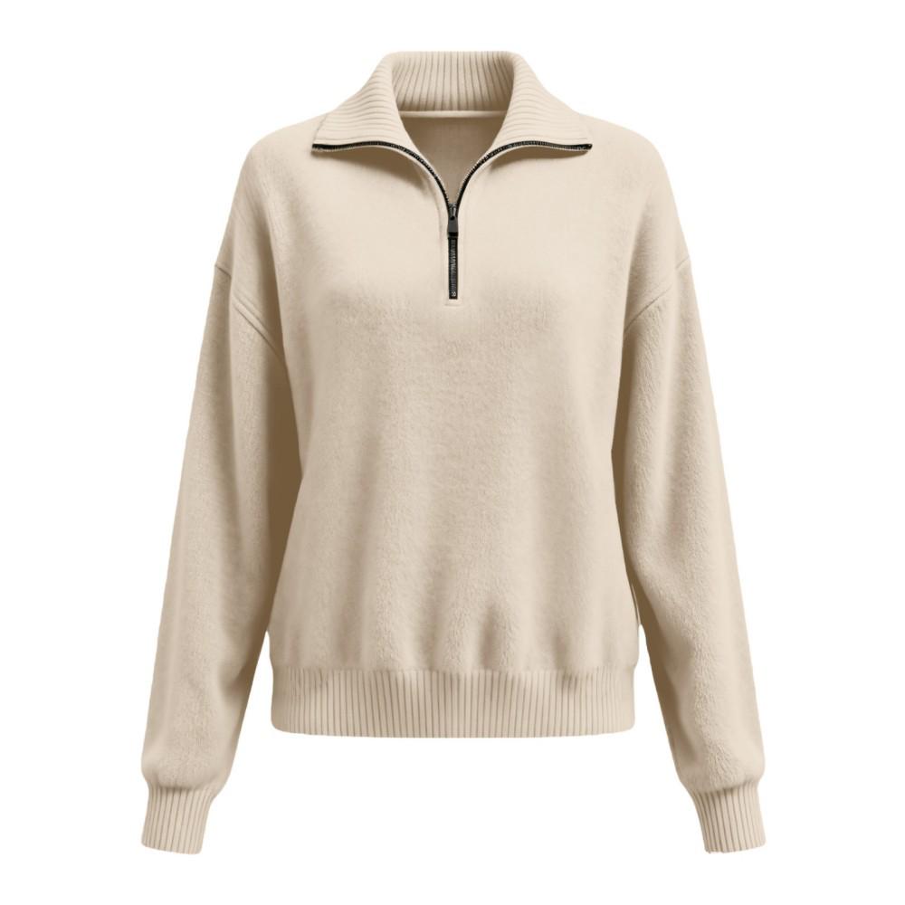 Pull en tricot pour femme 2026 à fermeture éclair et col revers - Coupe ample à manches longues pour un style décontracté