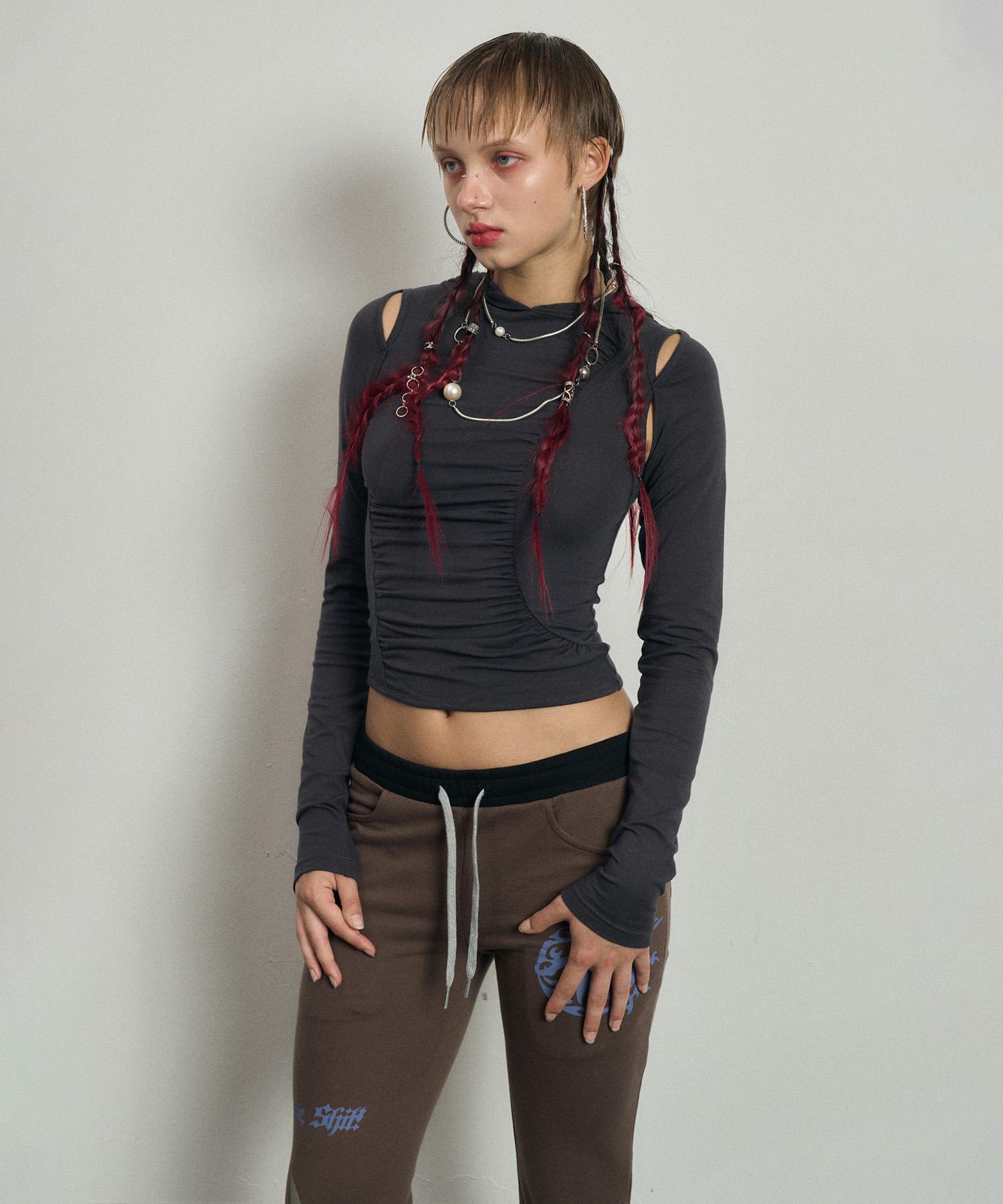 Buddy Cut-Out Shirring Hoodie Charcoal S