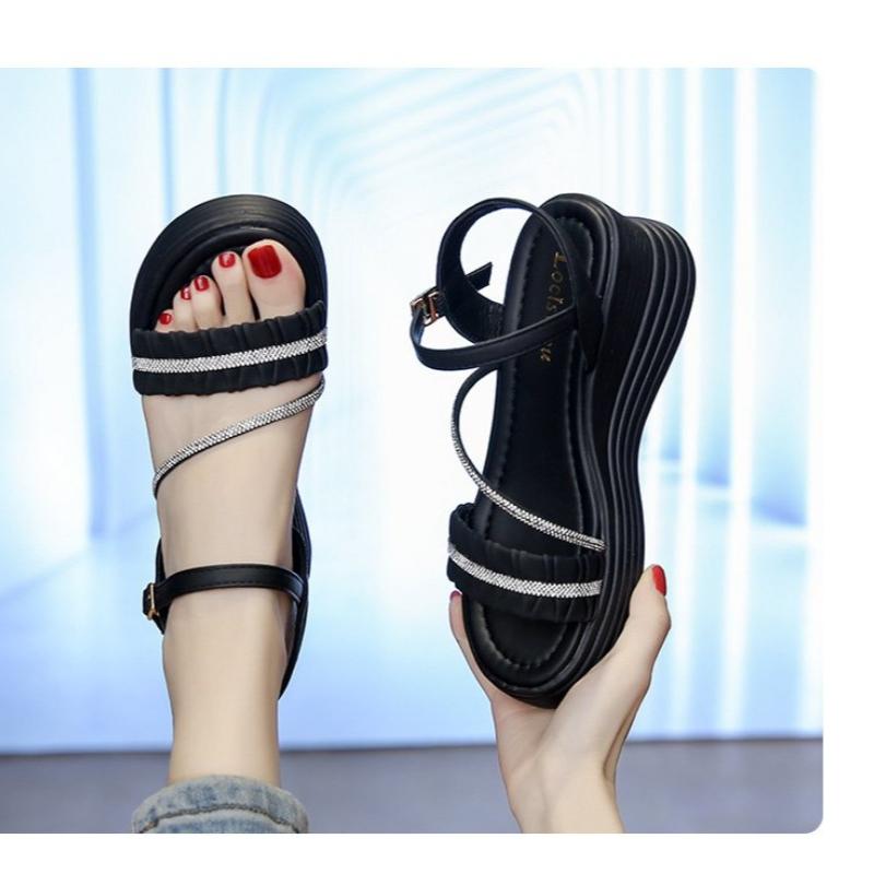 Fashion 2025 Buckle Strap Chunky Sandals Women Summer High Platform Wedges Slippers Woman Bling Decoration Thick Bottom Slides Pumps