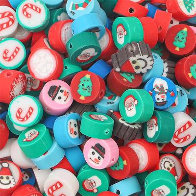 30Pcs 9-10mm Christmas Series Polymer Clay Beads Mix Color Flat Round Loose Beads For Jewelry Making DIY Charm Decoration
