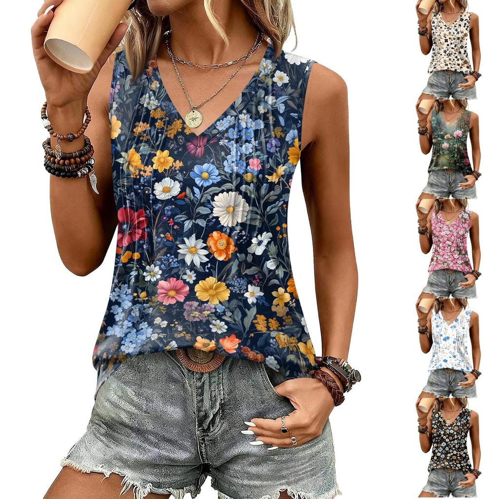 Women's Loose Fit V Neck Sleeveless Top Floral Print Pleated Design Lightweight Summer Blouse Casual Tank
