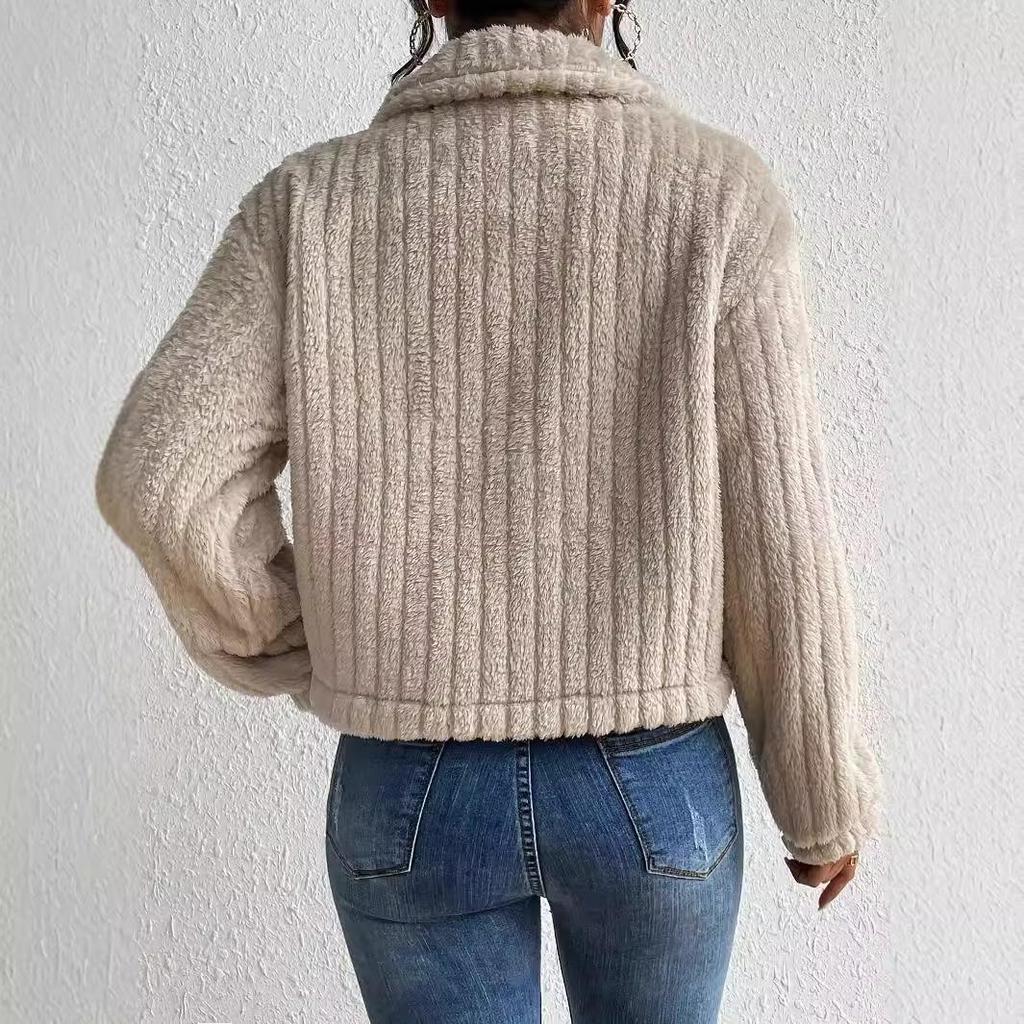 Autumn/Winter Women's Plush Jacket: Turn-Down Collar, Fleece-Lined, Short Length, Thickened, Casual Style