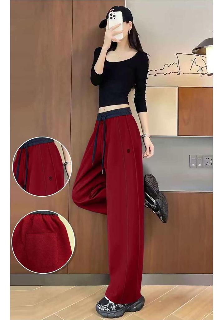 Versatile Red High-Waisted Casual Plus Size Pants for Middle-Aged and Elderly Women - Comfortable, Slimming, Sports-Ready Fit