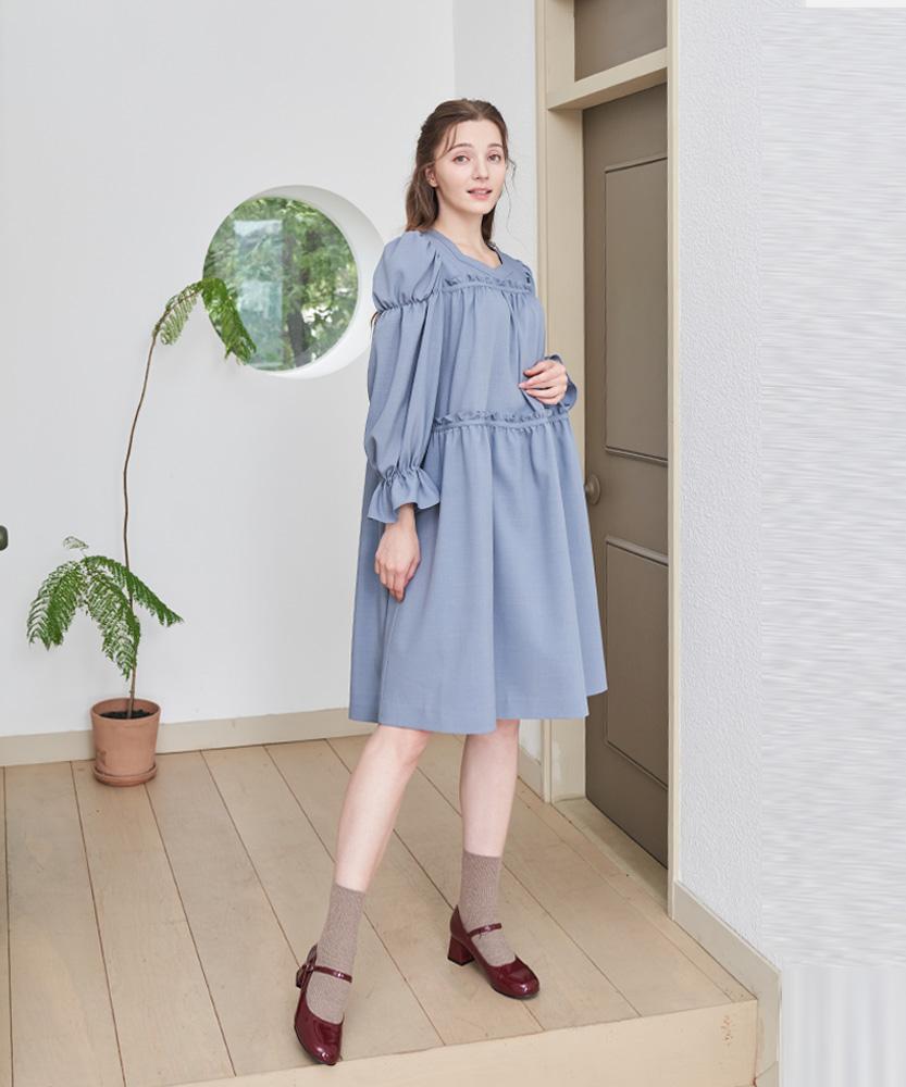 L By L Blue Square Neck Shirred Dress