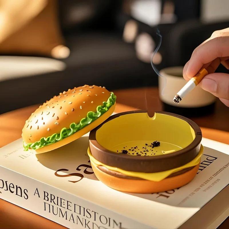 1pc Creative Resin Cute Hamburger Ashtray Home Dust Proof Ashtray Living Room Office Desktop Decoration Ornament for Father Gift