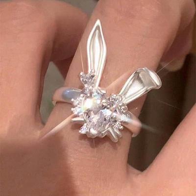 Zircon Heart Rabbit Open Ring - Elegant European & American Style Luxury Index Finger Jewelry