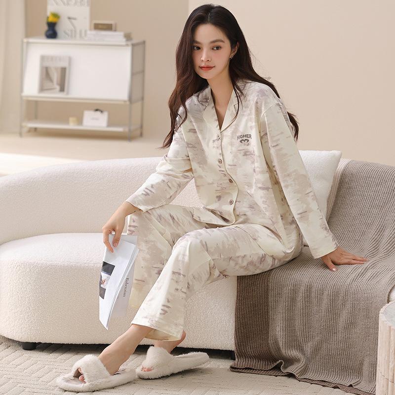 Couple pajamas pure cotton long-sleeved spring and autumn women's simple casual men's comfortable cardigan cotton loungewear set