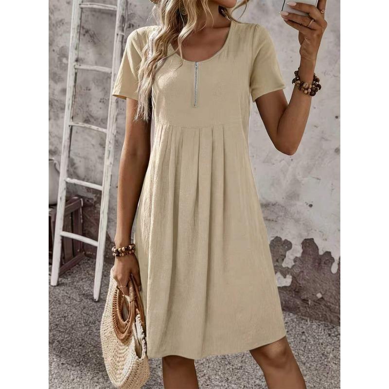 QICED Fashion Summer Spring Solid Color Print O-Neck Short Sleeve Casual Dresses