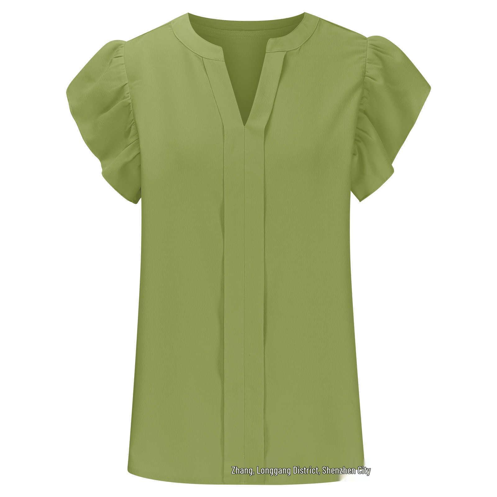 2025 Summer Women s Solid Color V-Neck Ruffle Sleeve Top M