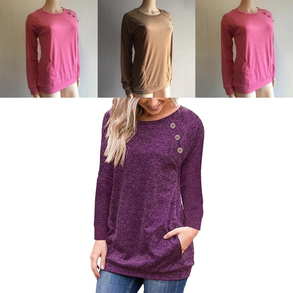 Stylish Women's Pullover Long Sleeve Solid Button Sweatshirt Top For Casual Wear