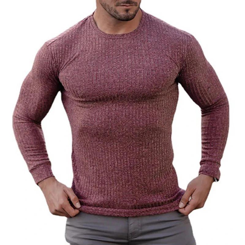 Muscleguys Spring Autumn Knitted Sports Long Sleeved Slim Fit Round Neck Running T-shirt Mens Casual Gym Training Bodybuilding Tees Shirt