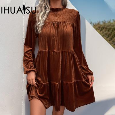 Damen Langarm Kleid Neue Einfarbig Samt Temperament Elegante Kleider