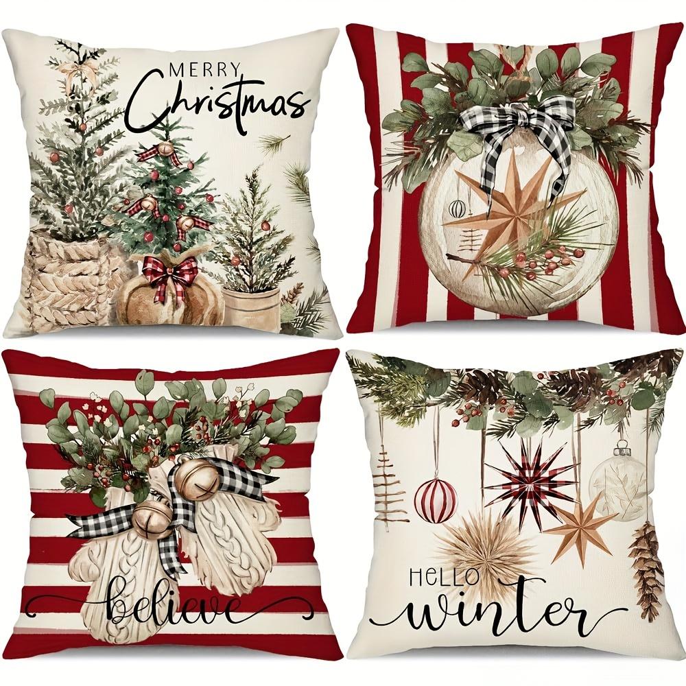4pcs Linen Christmas Tree Pillowcases Christmas Gift Living Room Sofa Bedroom Zipper Pillow Case Without Pillow Core