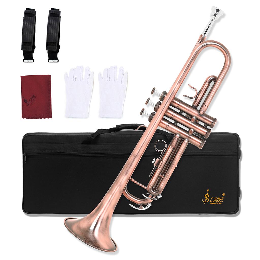 Bb Trumpet B Flat Brass body Trumpet Performance Beginners Pro Brass Musical Instrument with Straps Gloves Wipping Cloth Parts