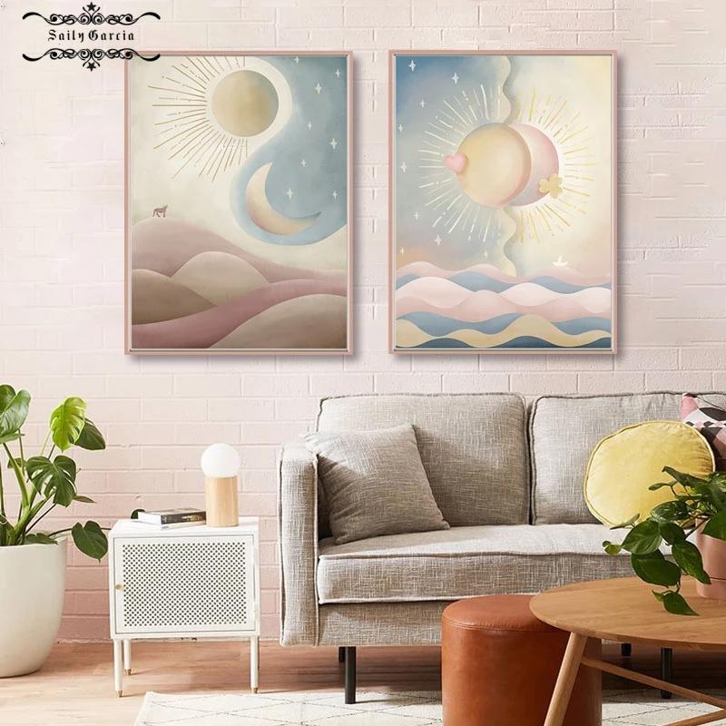 Nordic Sun Moon Pink Cloud Landscape Dreamy Poster Wall Art Canvas Painting and Print for Modern Home Cuadros Decoration Picture