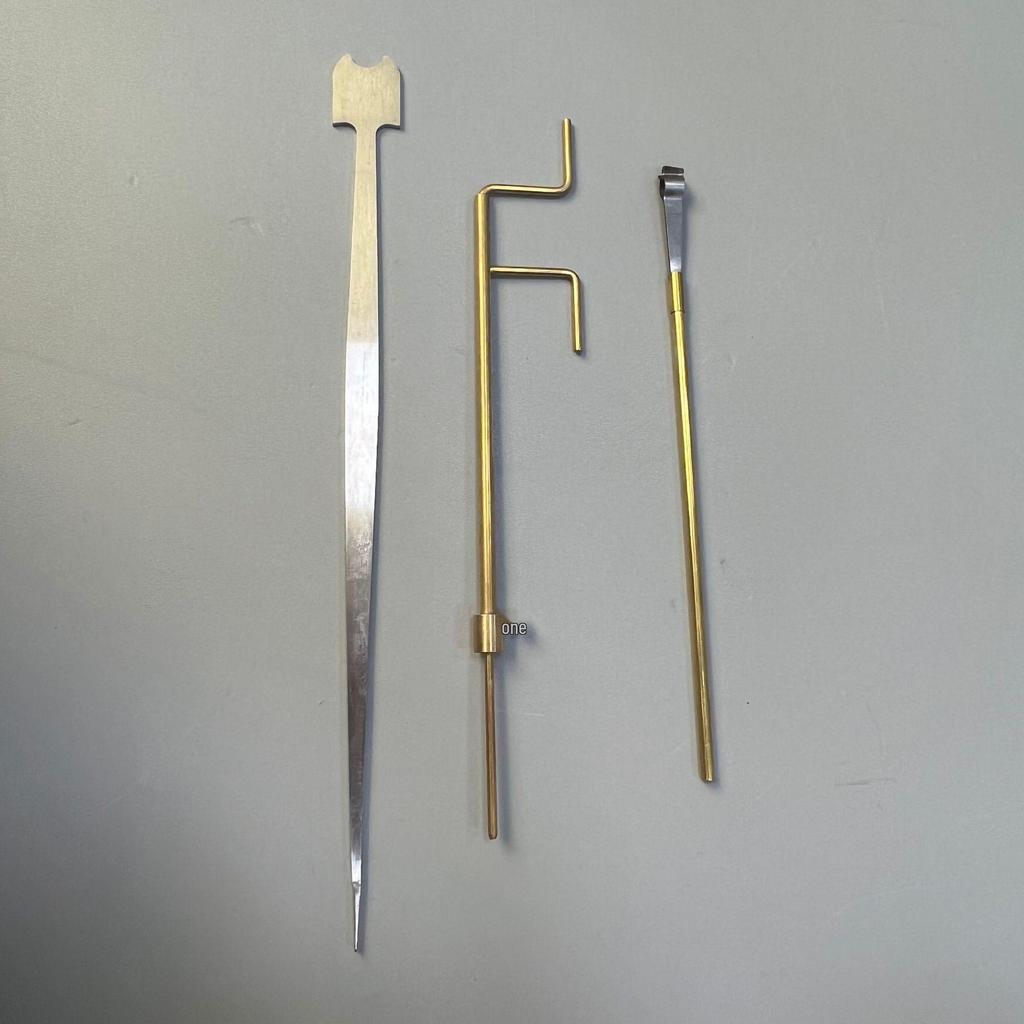 Cello Soundpost Adjustment Kit: Installation Tool, Reamer, Clamp, Pick, Hook, & Measuring Tool.