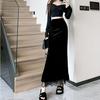 Women's Black Velvet High-Waist Fishtail Skirt - Thickened, Autumn/Winter, Medium Length with Slit Hip Wrap Design