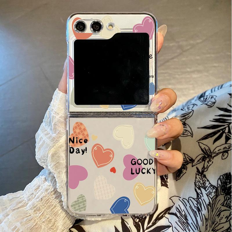 Samsung Galaxy Z Flip 7 6 5 4 3 uchun Sevgi Yuragi Bosmalari bilan Shaffof Buklanadigan Telefon G'ilofi Samsung Z Flip7 Flip6 uchun Qattiq Shaffof Qopqoq