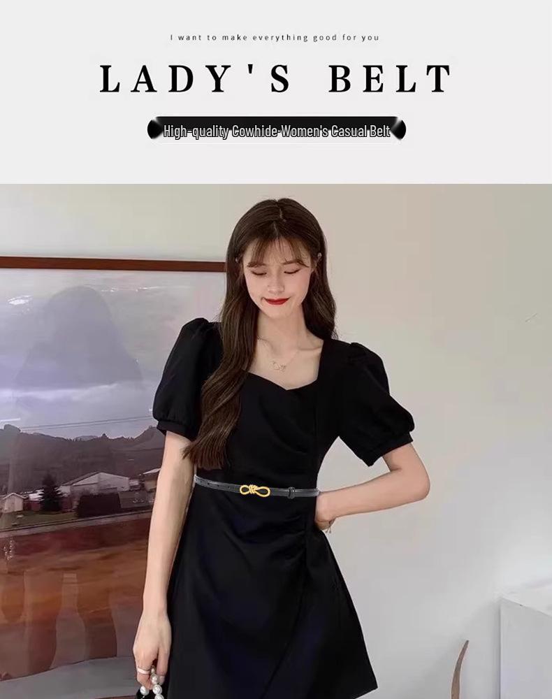 Women's Genuine Leather Bowknot Waist Belt - Simple, Versatile, Thin Cowhide Accessory for Dresses, Skirts, Shirts, and Trousers.