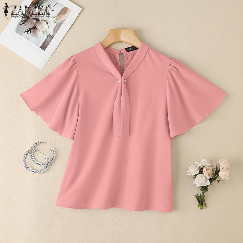 ZANZEA Women Casual V-Neck Loose Ruffles Short Sleeve Blouse
