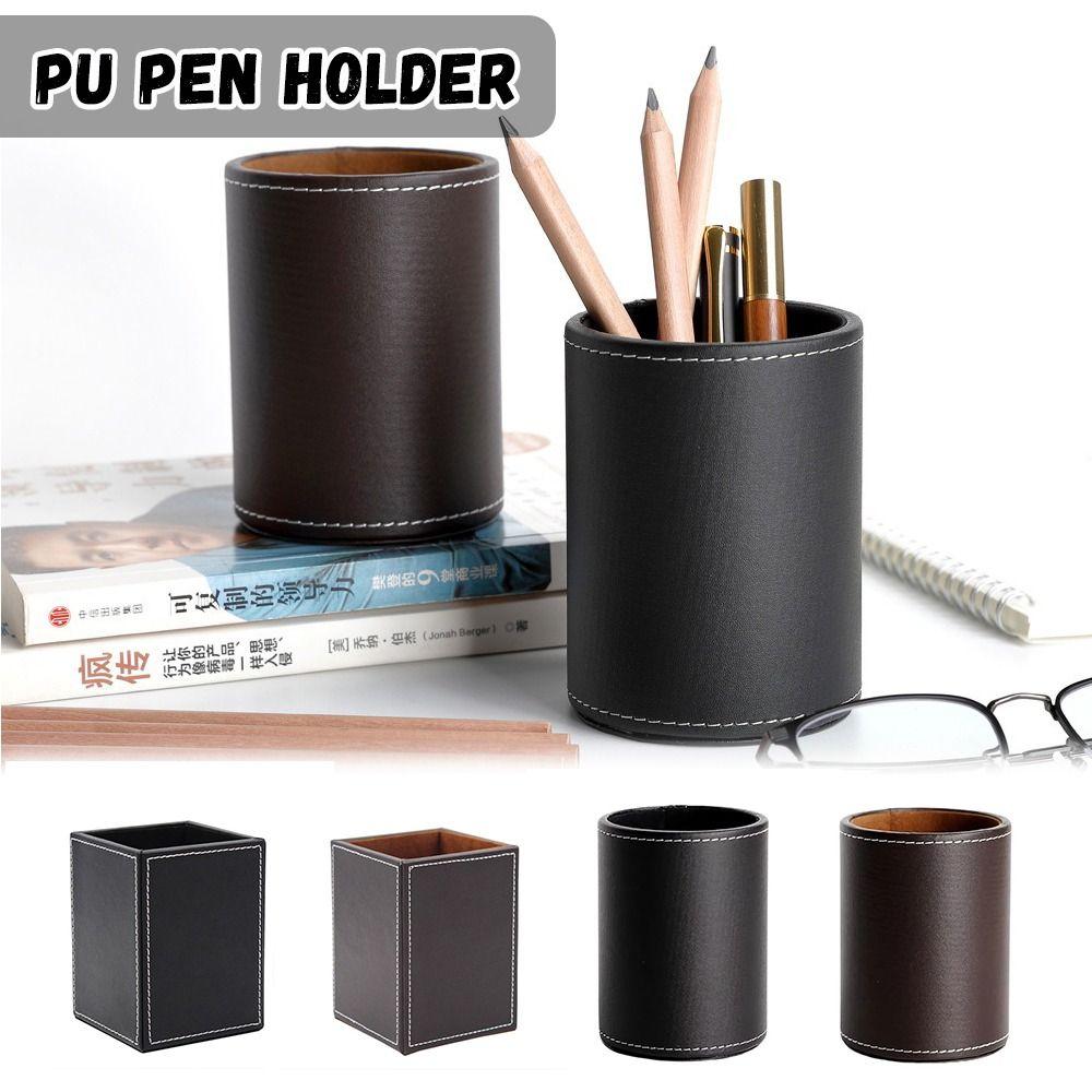 New PU Leather Pen Holder Round/Square Large-capacity Stationery Storage Holder Portable Desktop Organizer Student Gift