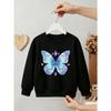 Kids Girls Crewneck Sweatshirt, Shimmer Iridescent Blue Butterfly With Purple Crystal Gem Print Black Soft Fleece Pullover