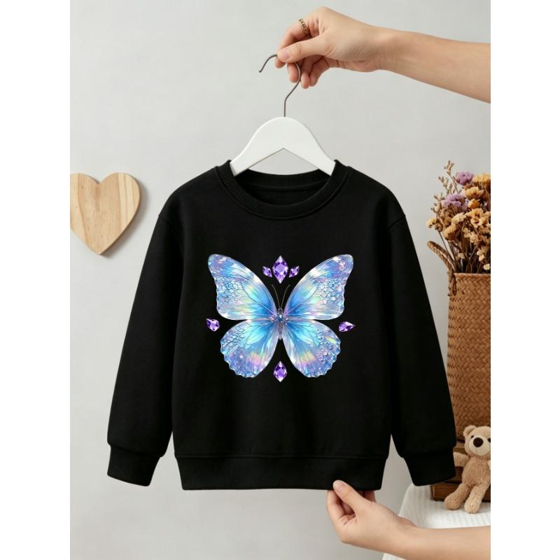 Kids Girls Crewneck Sweatshirt, Shimmer Iridescent Blue Butterfly With Purple Crystal Gem Print Black Soft Fleece Pullover